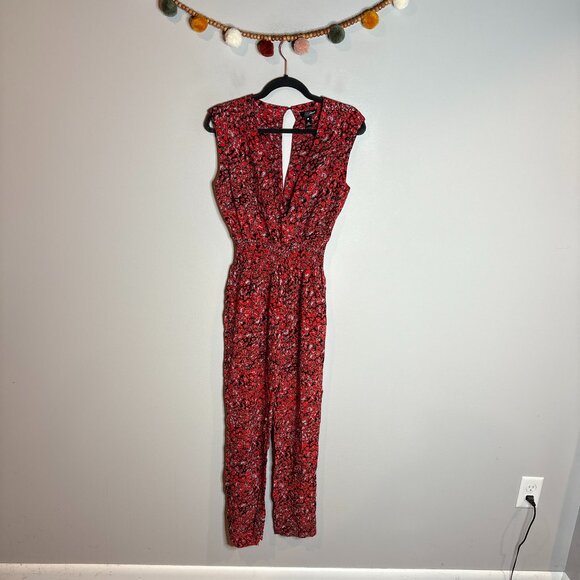 AQUA Womens Leopard Print Surplice Jumpsuit In Red - Picture 2 of 5
